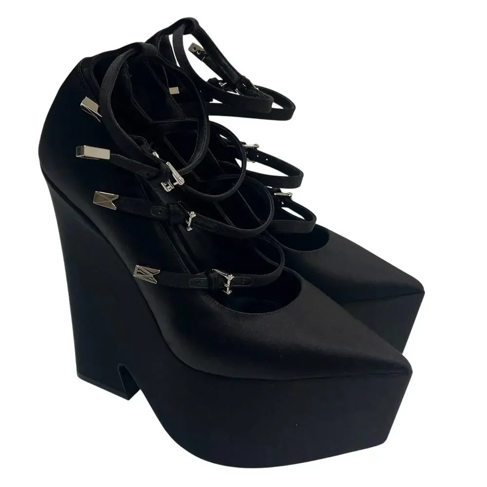 S2-1 VERSACE 4-Strap Heels Pump Tempest Wedge Satin Black IT39.5/US9.5